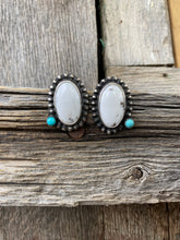Load image into Gallery viewer, White Buffalo Earrings with Lone Mountain Turquoise E0206
