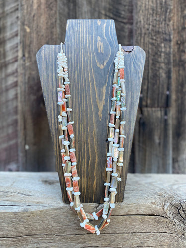 Vintage 3 Strand Abalone and Coral Necklace N0741