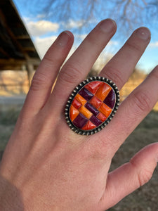 Orange Spiny Oyster Cobble Stone Ring Size 7 R0366