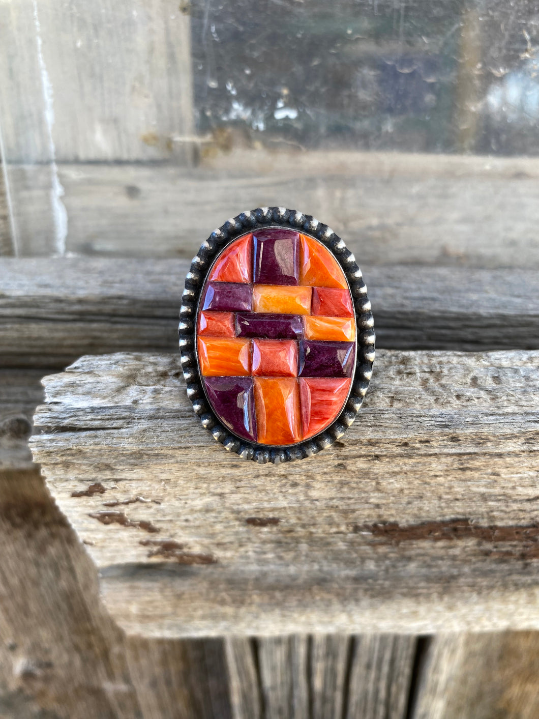 Orange Spiny Oyster Cobble Stone Ring Size 7 R0366