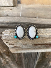 Load image into Gallery viewer, White Buffalo Earrings with Lone Mountain Turquoise E0206